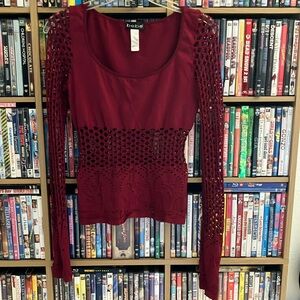 Bebe Red Long Sleeve Cropped Cut Out Blouse